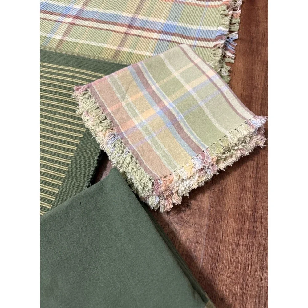 Set of 6 Cloth Placemats & Napkins X 2 Autumn Pastel Plaid And Green
